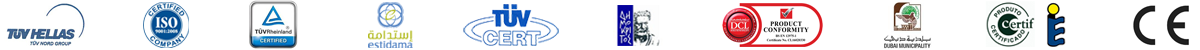 TÜV Hellas, ISO 9001, TÜV Rheinland, Estidama, TÜV Cert, DCI, Dubai Municipality, Certif, CE